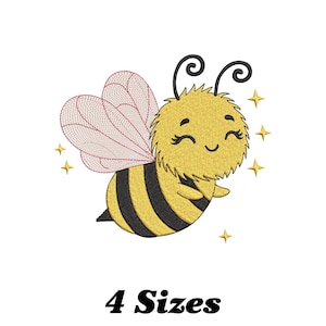 Puede incluir: Una abeja de dibujos animados linda con alas rosadas y un cuerpo amarillo peludo. La abeja sonríe y tiene estrellas brillantes a su alrededor.