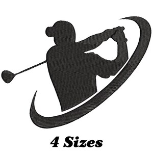 May include: A black embroidered design featuring a silhouette of a golfer mid-swing, holding a golf club with a curved swoosh element underneath. The text "4 Sizes" is printed in black at the bottom of the image, indicating available options.