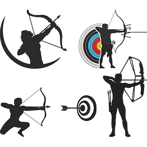 Puede incluir: Colección de ilustraciones en silueta negra que representan el tiro con arco. Las imágenes muestran arqueros en varias posturas, apuntando arcos y flechas a dianas. Un arquero está arrodillado, otro de pie, y uno está silueteado contra una luna creciente.