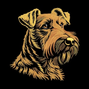 May include: A detailed illustration of an Airedale Terrier dog's head, rendered in gold against a black background. The artwork highlights the dog's features, including its fur, nose, and eyes, with intricate line work.