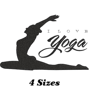 Puede incluir: Silueta negra de una persona en una postura de yoga con el texto "I LOVE Yoga" en una fuente cursiva.