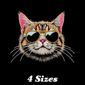 May include: A cartoon illustration of a cat wearing sunglasses. The cat has brown, black, and white fur. The cat is looking directly at the viewer. The text "4 Sizes" is below the cat.