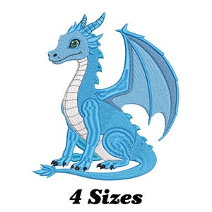 May include: A light blue cartoon dragon with white accents and a light blue wing. The dragon is sitting on its hind legs with its tail curled around its body. The image includes the text "4 Sizes".