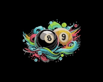 May include: Embroidered design featuring a black 8-ball and a yellow 9-ball, surrounded by colorful, abstract swirls and accents on a black background. The design has a textured, stitched appearance, with vibrant hues of blue, green, pink, and yellow.