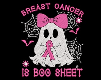 May include: Embroidered design on a black background. A white ghost with a pink bow and a pink ribbon is surrounded by spiderwebs and bats. The text reads "BREAST CANCER IS BOO SHEET" in pink.