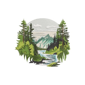 Puede incluir: Diseño bordado de un paisaje montañoso con un río que fluye a través de un bosque. La obra presenta árboles verdes, un río azul y una cordillera en el fondo, todo dentro de un marco circular.