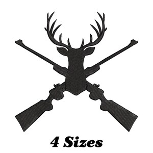 May include: Black embroidered design featuring a deer head with antlers, crossed rifles, and the text "4 Sizes" at the bottom. The image is on a white background. The design is likely for apparel or crafts.