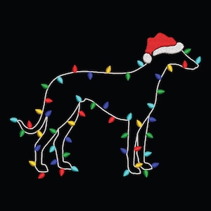 May include: A black silhouette of a dog wearing a Santa hat, outlined with white. The dog is decorated with colourful Christmas lights. The image is set against a black background, creating a festive holiday design.