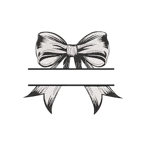 Könnte beinhalten: Ein schwarz-weißes Stickdesign, das eine dekorative Schleife mit einem horizontalen, geteilten Bereich in der Mitte für Text zeigt. Die Schleife weist detaillierte Schattierungen und fließende Bänder auf, in einem kontrastreichen Stil.
