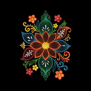 May include: A colorful floral embroidery design on a black background. The design features a large central flower with orange, yellow, and blue petals, surrounded by green leaves and smaller flowers in red and orange.