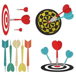 Peut inclure: Plusieurs motifs brodés de cibles et de fléchettes. L'image présente une cible rouge et blanche, un jeu de fléchettes jaune et noir, et diverses fléchettes rouges, turquoise, jaunes et oranges. Les fléchettes ont différentes formes de plumes.