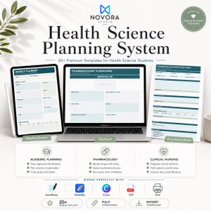Puede incluir: Un sistema de planificación digital para ciencias de la salud que incluye un planificador semanal en una tableta, una tarjeta de farmacología en un portátil y una hoja de estudio de medicamentos. Contiene más de 20 plantillas académicas.