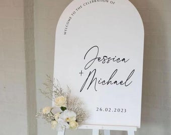 Letrero de boda con nombres de la pareja en arco, letrero de bienvenida de boda en acrílico, letrero de compromiso, letrero de entrada para la recepción