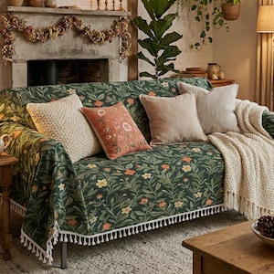 William Morris Style Couch Cover, Dark Green Botanical Throw Blanket, Tasseled Boho Bedspread