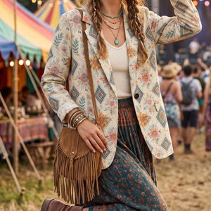 May include: A woman in a cream floral blazer, wide-brimmed hat, and fringed bag, smiling and holding a reusable coffee cup. She wears a patterned skirt and brown boots. The background shows a festival with tents and a stage, suggesting a music event.