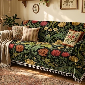 Moody Botanical Couch Cover, Victorian Tulip Sofa Throw, Dark Floral Art Blanket
