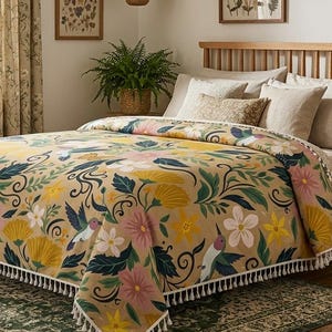 May include: A set of three ceramic mugs with a speckled, cream-colored glaze. Each mug features a different hand-painted design: a blue and green leaf, a yellow flower, and a red berry. The mugs have a simple, rounded shape.