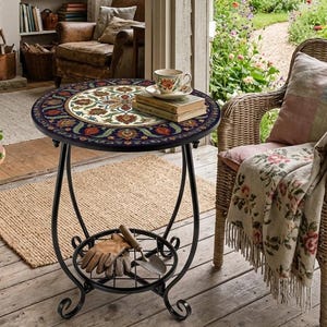 Może przedstawiać: Okrągły stolik boczny z blatem z mozaiki z kwiatowym wzorem w kolorach czerwonym, kremowym i niebieskim. Stół ma czarną metalową ramę i dolną półkę. Na stole, na drewnianym tarasie, stoi filiżanka herbaty i książki.