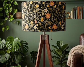 Vintage Floral Tripod Floor Lamp | William Morris Style Dark Botanical Linen Shade