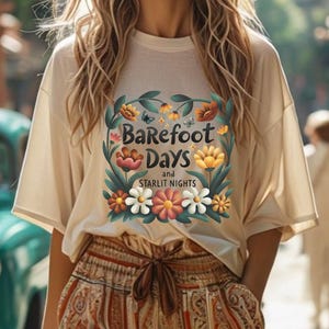 Barefoot Days & Starlit Nights T-Shirt, Beach Vibe Tee, Summer Flowers T-shirt,  Floral Graphic Shirt, Summer Casual Wear,Unisex Relaxed Tee