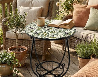 Olive Branch Outdoor Side Table, Tuscan Metal Garden Decor, Round Balcony Furniture