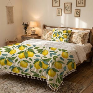 Lemon Grove Couch Cover, Yellow Citrus Sofa Throw, Mediterranean Summer Fruit Blanket
