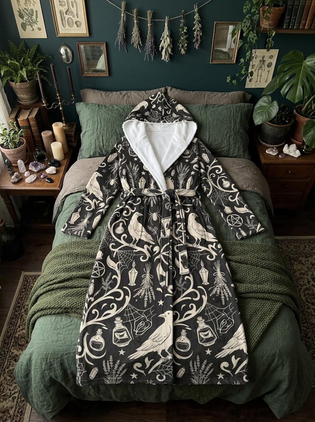 Mystical Raven Flannel Robe, Crow Lavender Hooded Bathrobe, Witchy ...