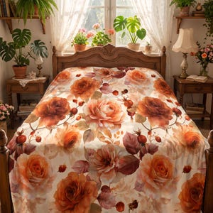 Terracotta Rose Plush Flannel Blanket, Vintage Botanical Floral Throw (100% Polyester)
