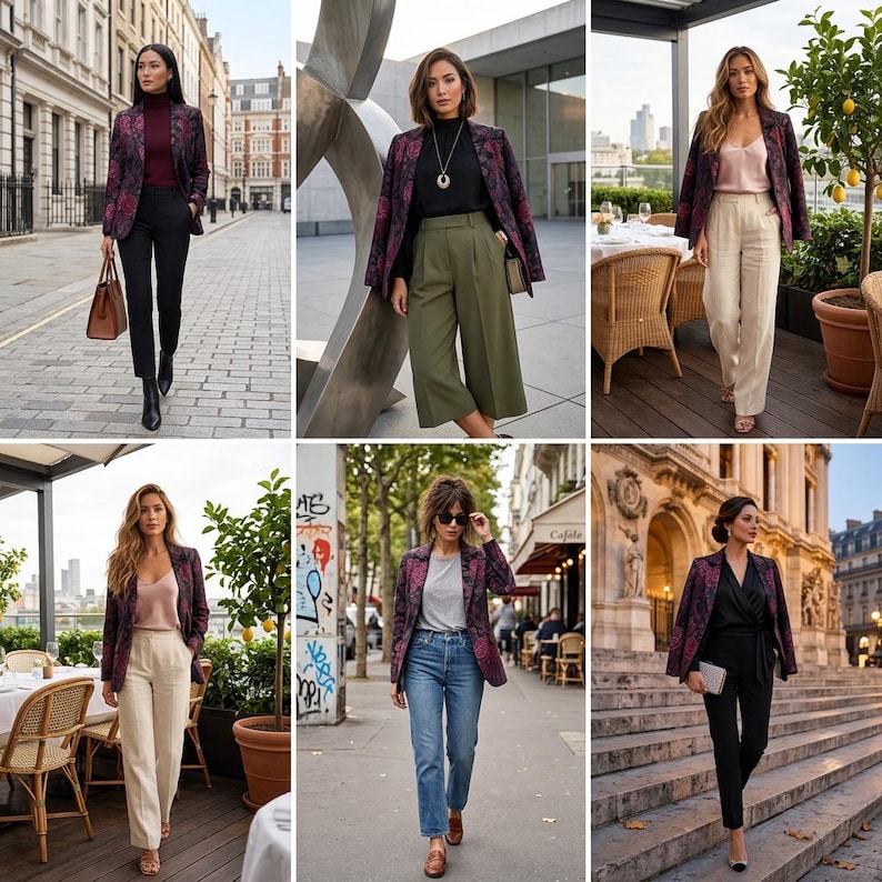 May include: A collection of women's outfits featuring a floral patterned blazer in shades of burgundy and purple. The outfits include various combinations with black pants, olive green culottes, light-colored trousers, blue jeans, and a black jumpsuit.