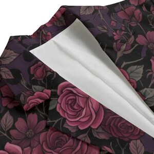 burgundy rose blazer, dark floral jacket, gothic women suit, victorian aesthetic, cotton floral coat, botanical outerwear, romantic goth style, breathable cotton, floral blazer women, moody floral print, vintage rose jacket, structured blazer, unique gift for her