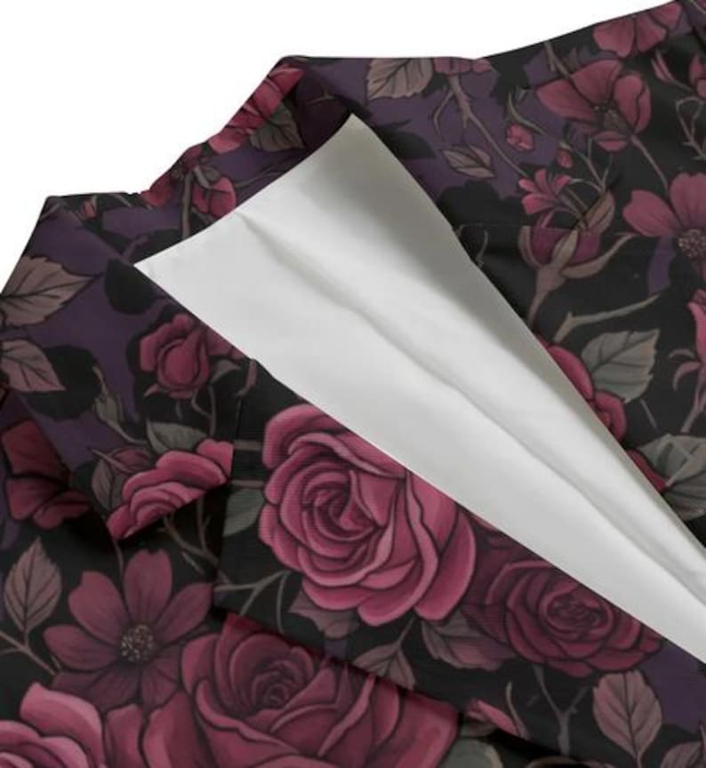 burgundy rose blazer, dark floral jacket, gothic women suit, victorian aesthetic, cotton floral coat, botanical outerwear, romantic goth style, breathable cotton, floral blazer women, moody floral print, vintage rose jacket, structured blazer, unique gift for her