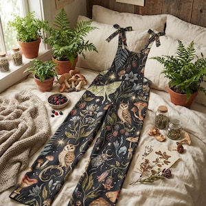 Whimsical Forest Jumpsuit | Dark Cottagecore Owl Moth Print Wide Leg Overalls