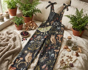 Whimsical Forest Jumpsuit | Dark Cottagecore Owl Moth Print Wide Leg Overalls