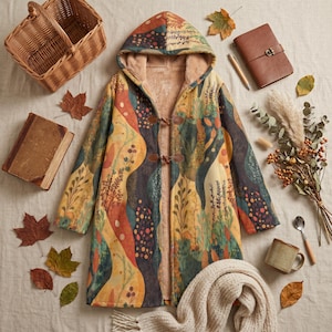 May include: A hooded coat featuring a colorful botanical print with wavy patterns in shades of orange, yellow, green, and dark blue. The coat has a tan faux-fur lining and two brown toggle closures on the front, with long sleeves and a hood.
