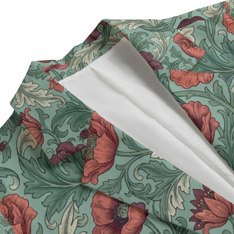 Women's regular fit 100% cotton blazer featuring an all-over poppy garden print with coral and plum flowers on a sage green botanical background.