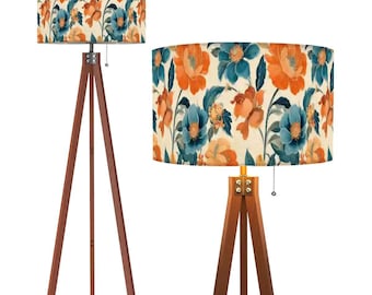 Gedurfde bloemenstatieflamp | Blauwgroen oranje koraal staande lamp | Houten statiefverlichting | LED afstandsbediening | Boho maximalistische woonkamerdecoratie