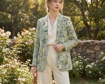 Floral Bird Print Cotton Blazer, Sage Green Botanical Suit Jacket