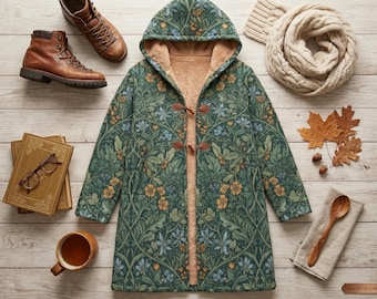 William Morris Botanical Parka, Forest Green Sherpa Lined Hooded Coat