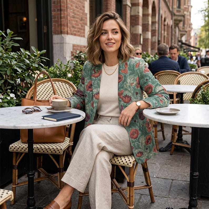 Poppy Floral Cotton Blazer, Sage Green Botanical Jacket, Cottagecore Style Coat image 7