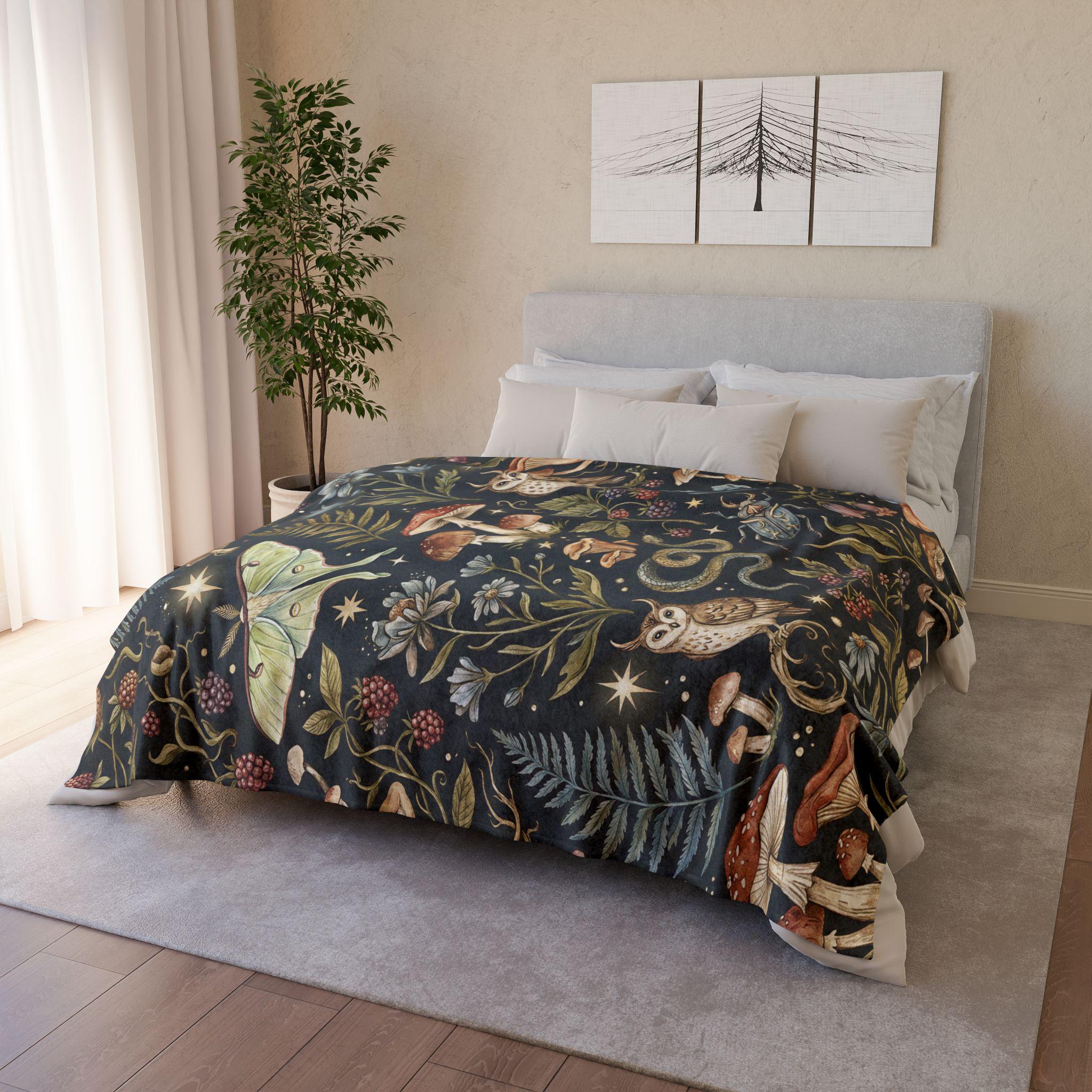 Woodland Witch Plush Blanket | Owl, Moth and Mushroom Microfiber Throw, Dark Cottagecore Forest Aest