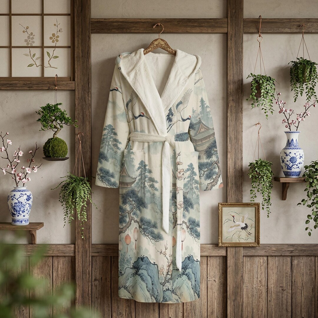 Japanese Crane Fleece Robe, Chinoiserie Landscape Hooded Bathrobe ...