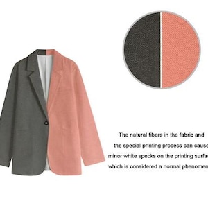May include: A two-tone blazer, split vertically with a gray and coral pink color block design. The blazer has a single black button closure and a notched lapel. A circular swatch shows fabric details.