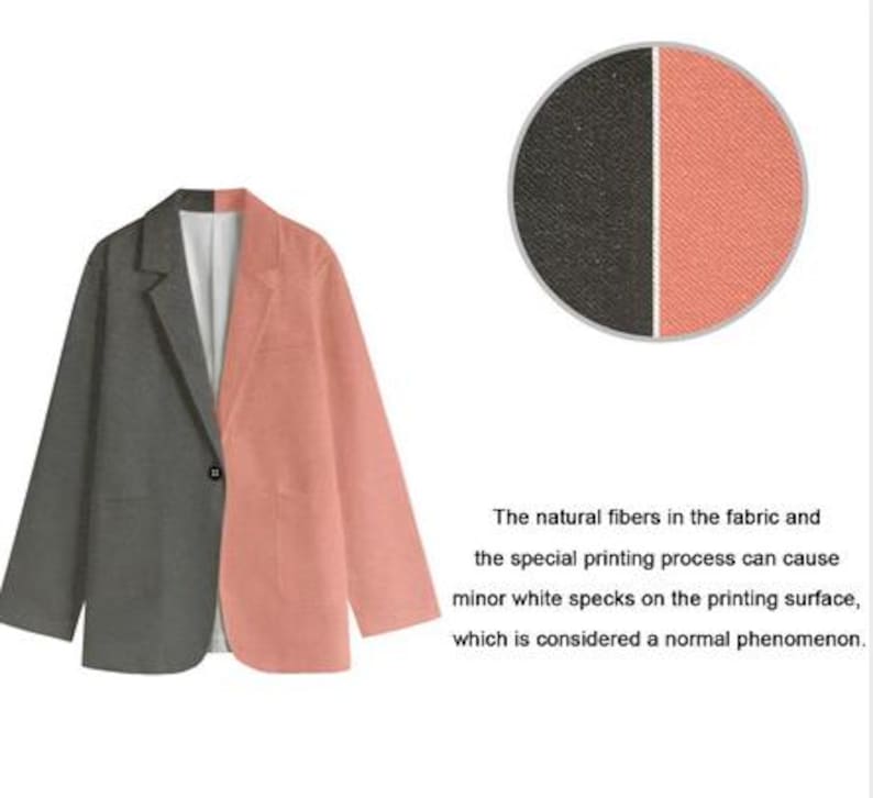 May include: A two-tone blazer, split vertically with a gray and coral pink color block design. The blazer has a single black button closure and a notched lapel. A circular swatch shows fabric details.