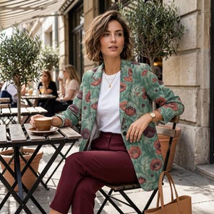 Poppy Floral Cotton Blazer, Sage Green Botanical Jacket, Cottagecore Style Coat image 3