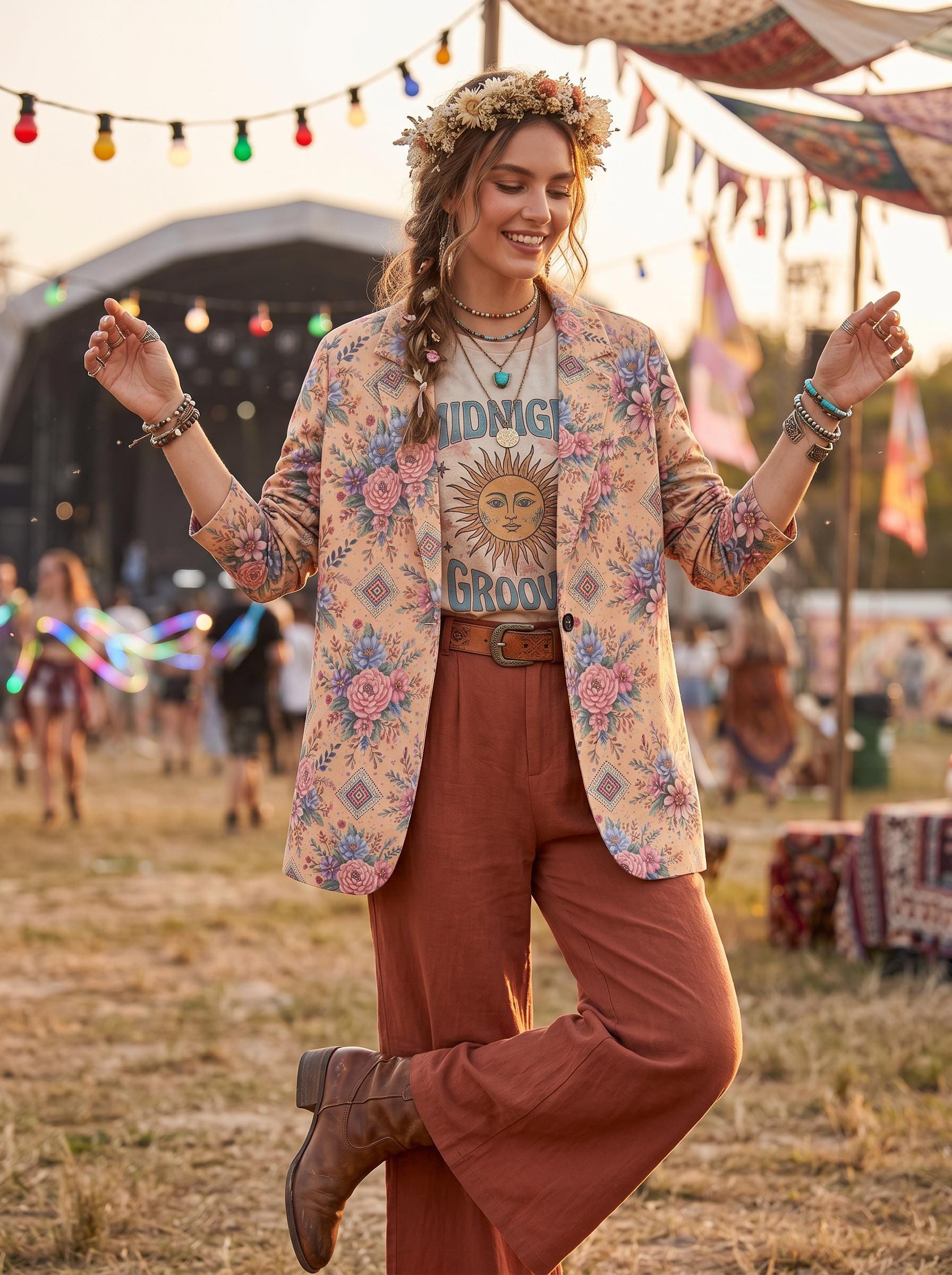 Boho Peach Floral Cotton Blazer, Pink Rose Botanical Suit Jacket, Geometric Diamond Print