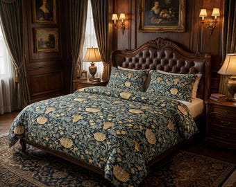 May include: A dark teal and gold floral patterned duvet cover set featuring two matching pillow shams. The bedding displays a dense botanical print with large stylized flowers and intricate leafy vines, covering the entire surface of the bed.