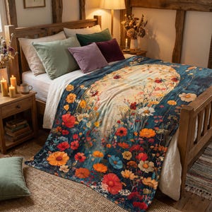 Könnte beinhalten: Eine weiche Wohndecke mit einem lebendigen, farbenfrohen Blumenmuster aus roten, orangefarbenen, gelben und weißen Wildblumen auf dunkelblauem Grund, die über ein Bett mit weißer Bettwäsche und mehreren einfarbigen Zierkissen drapiert ist.