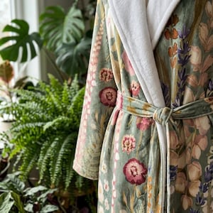 Sage Green Wildflower Plush Robe, Cottagecore Floral Hooded Loungewear