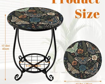 Tavolino laterale vintage con falena, decorazione da giardino con falena lunare / Tavolino gotico, mobili da balcone in stile botanico scuro / Scrivania decorativa da veranda con farfalle e felci