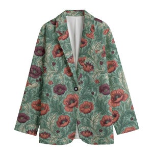 poppy floral blazer, sage green jacket, 100% cotton blazer, botanical print coat, flower garden style, cottagecore clothing, natural fiber jacket, coral poppy gift, artistic blazer her, vintage floral top, breathable outerwear, floral workwear, botanical art coat